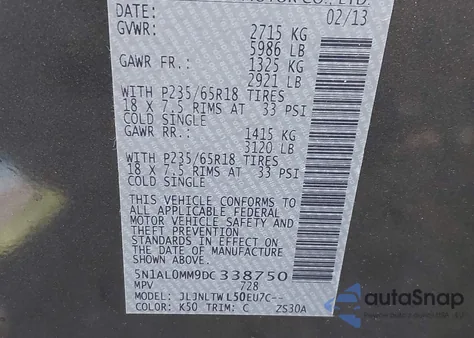 2013 Infiniti Jx35 from USA, damaged, VIN 5N1AL0MM9DC338750